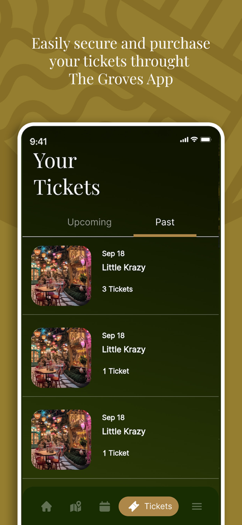 Schermata di gestione biglietti nell'app The Groves Entertainment che mostra le prenotazioni passate