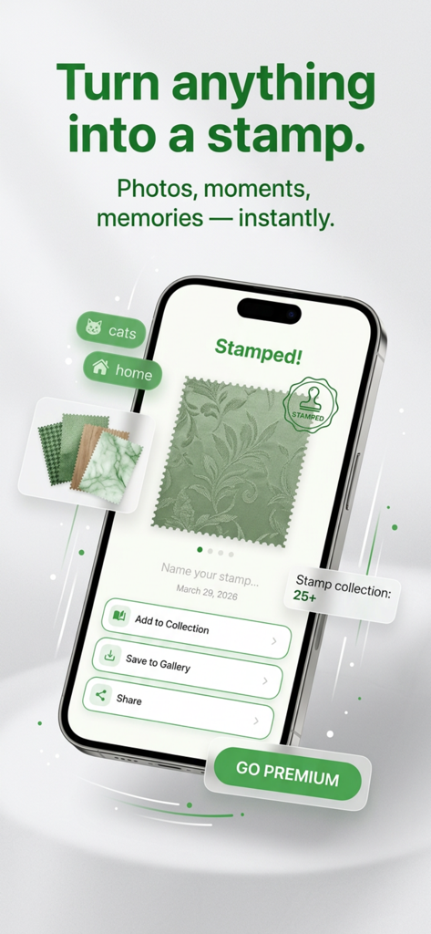 Stampy: Stamp Maker - Smartphone display of the Stampy app transforming a photo into a digital stamp