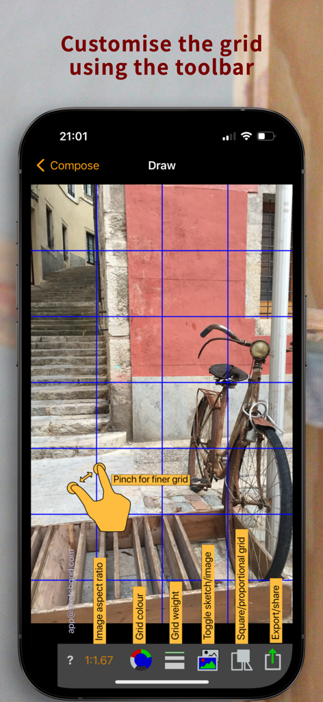 Sketch Grid app interface showing a blue grid overlay on a reference photo with customization options