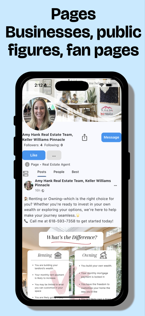 Faxo: Everything App - A mobile app screen showing a business page for a real estate agent on the Faxo super app with a profile picture, message button, and social posts.