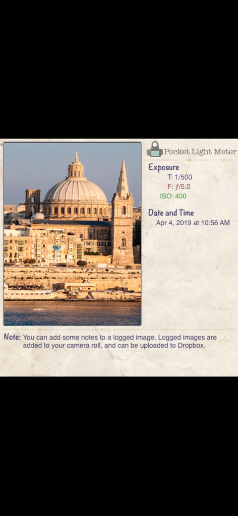 Pocket Light Meter - Pocket Light Meter app showing a logged photo with exposure metadata like shutter speed and aperture