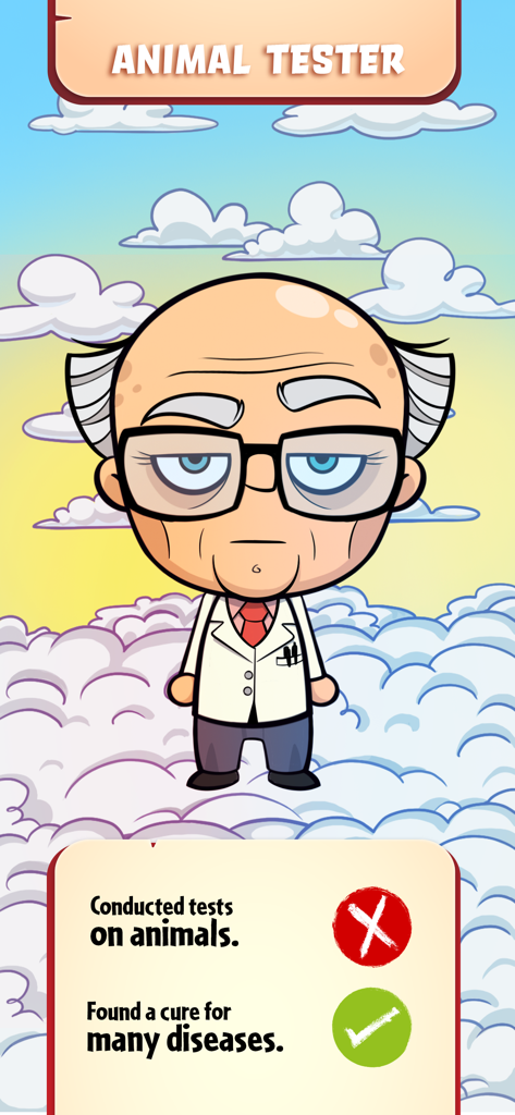A cartoon scientist character in Judgment Day game standing on clouds with moral dilemma options regarding animal testing and medical cures