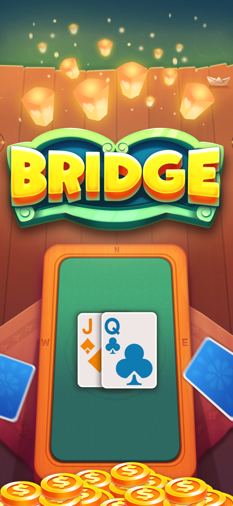 Bridge Rubber Bridge card game title screen showing a green card table with playing cards and golden coins