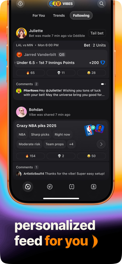 Oddible: AI Sports Betting - Oddible app interface showing a social feed of sports bets with a tail bet option and user comments