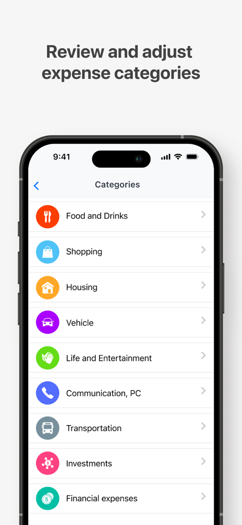 Interface of the Wallet app showing a list of expense categories like Food Shopping and Housing