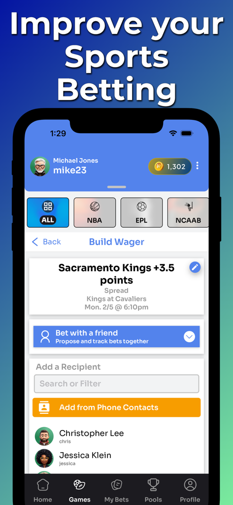 WagerLab app interface showing a sports wager setup and friend selection for peer to peer betting