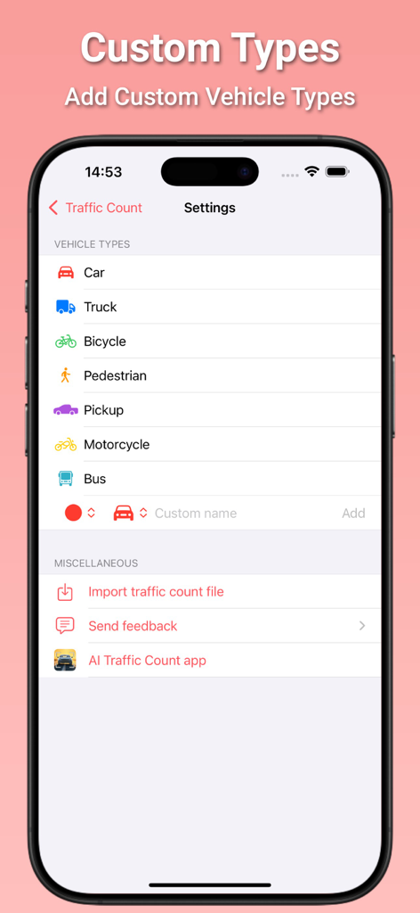 Settings screen of the Traffic Count app showing a list of vehicle categories and options to add custom types.