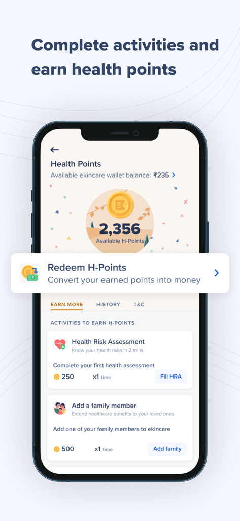 ekincare - ekincare app screen for earning and redeeming health points