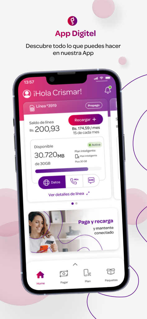 App Digitel mobile interface showing account balance and data usage for a Venezuelan telecom line