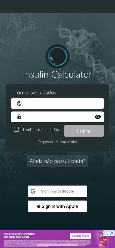 Login screen of the Insulin Calculator app featuring email login and social sign-in options for Google and Apple