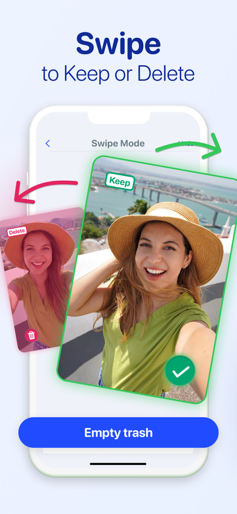 AI Cleaner app interface showing how to swipe right to keep and left to delete photos.