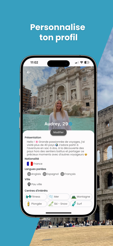 Go Frenchies - Go Frenchies mobile App-Benutzerprofilseite mit Reisendeninformationen und Interessen