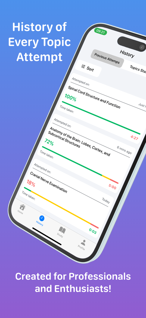 Neurology - Interface of the Neurology app showing a history of quiz attempts and scores for various medical topics