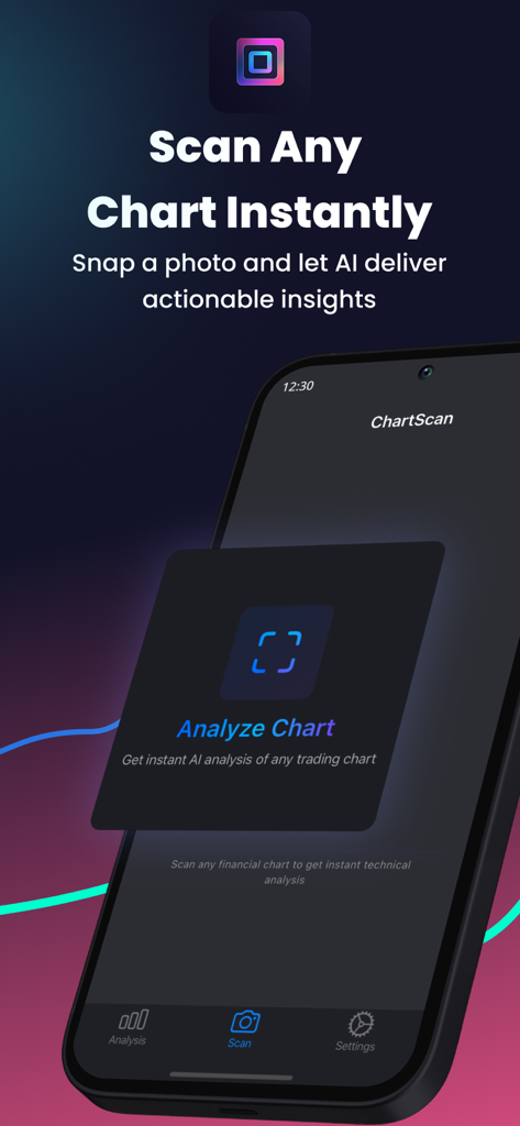ChartScan: AI Chart Analysis - ChartScan app interface on a smartphone showing the analyze chart feature for AI trading insights