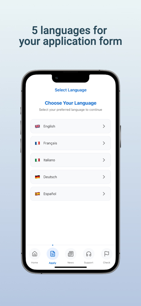 Sprachauswahlbildschirm in der ETA UK Assistant App mit Optionen für Englisch, Französisch, Italienisch, Deutsch und Spanisch