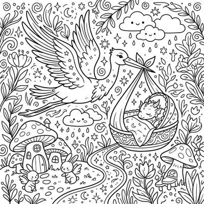 Dive into a world where fantasy meets celebration with this unique baby shower coloring page. Featuring a gentle stork delivering an adorable baby dragon amidst a magical landscape, it's perfect for welcoming a new little one.