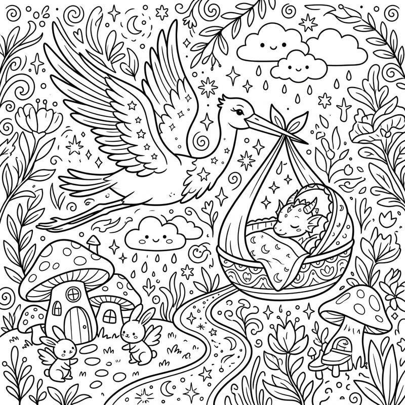 Dive into a world where fantasy meets celebration with this unique baby shower coloring page. Featuring a gentle stork delivering an adorable baby dragon amidst a magical landscape, it's perfect for welcoming a new little one.