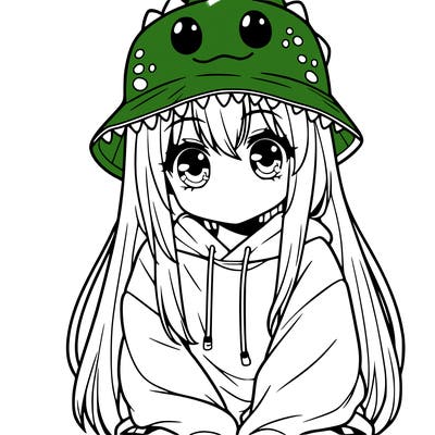 girl with anime shaped eyes with a dinosaur bucket hat oversized sweatshirt long straight hair