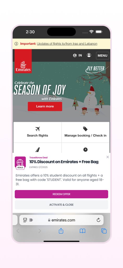 Extensión de Safari de TravelArrow para iOS mostrando un descuento del 10 por ciento y una oferta de equipaje gratis en el sitio web de Emirates