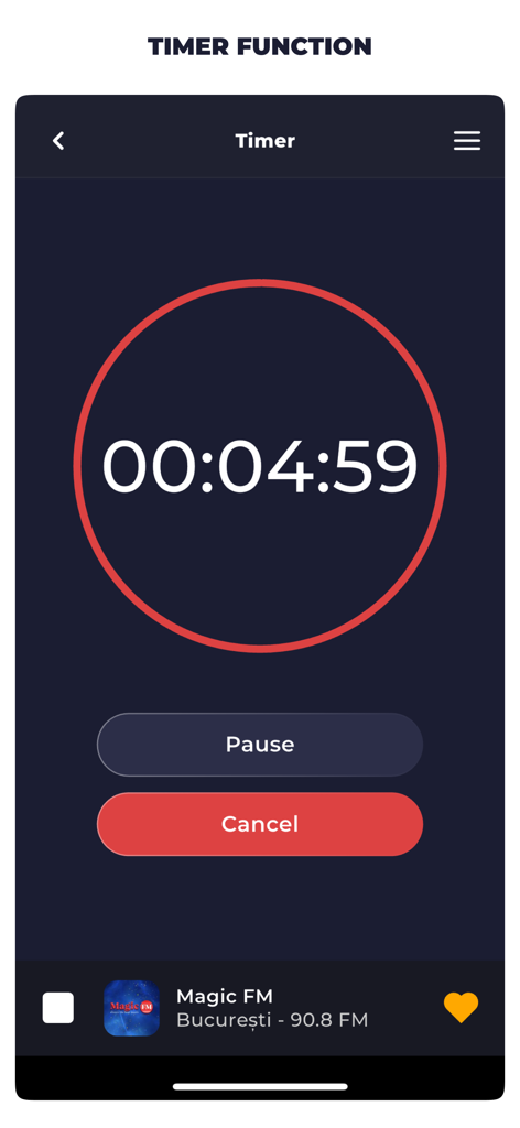 Radio Romania Live Online FM - La pantalla de la función de temporizador de apagado de la aplicación Radio Romania Live Online FM mostrando una cuenta atrás para Magic FM.