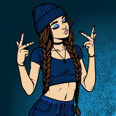 realistic teenage girl with braids and a beanie and crop top doing 🫶🏼