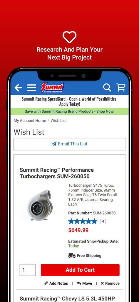 Summit Racing - Summit Racing app wish list showing a performance turbocharger for auto project planning