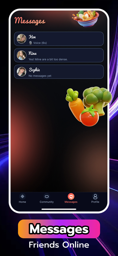 Interfaz de mensajes de la aplicación Kobu que muestra una lista de conversaciones con íconos temáticos culinarios