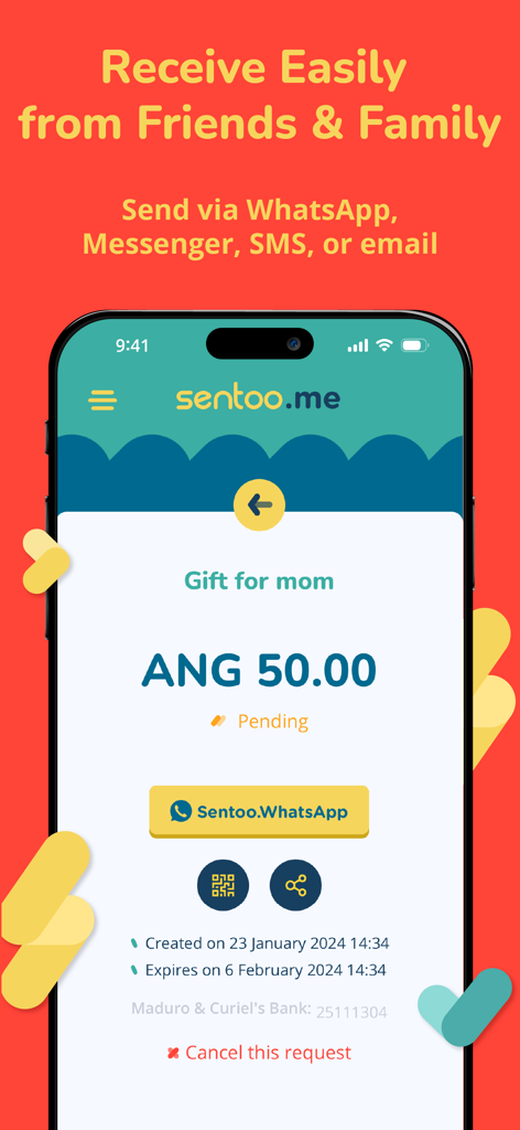 Sentoo.me - Interfaccia dell'app mobile Sentoo.me che mostra una richiesta di pagamento di cinquanta fiorini con opzioni di condivisione per WhatsApp e codice QR