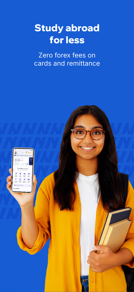 Niyo: Global cards for travel - A smiling Indian international student holding books and showing the Niyo app for zero forex fees