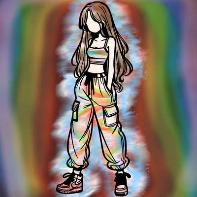 girl in baggy pants crop top and long hair