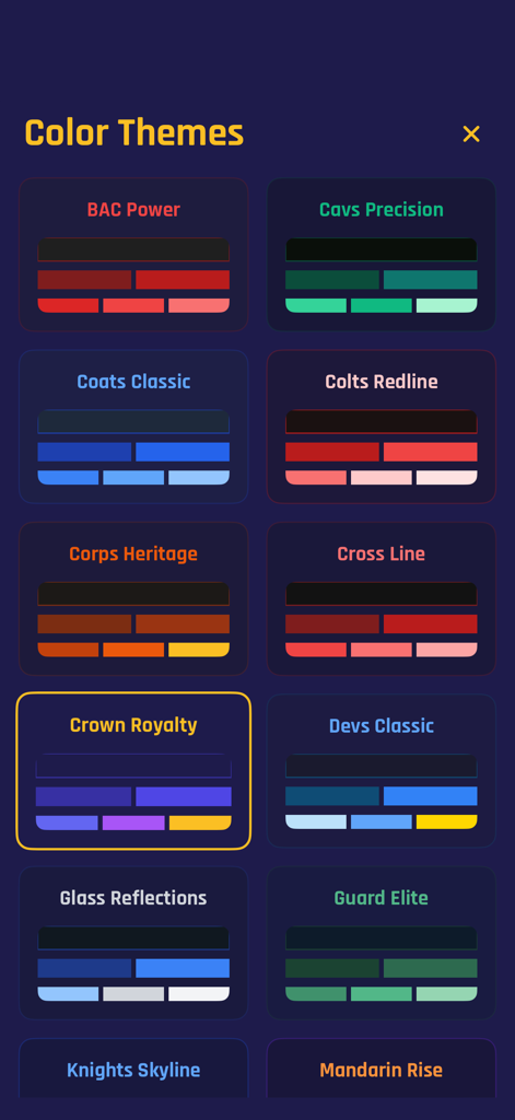 Drumline - A menu display of various color themes in the Drumline app inspired by professional drum corps