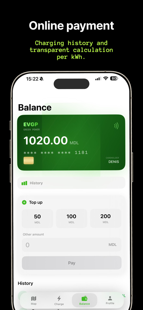 EVGP - EV Charging - EVGP app balance screen showing charging account funds and top up options.