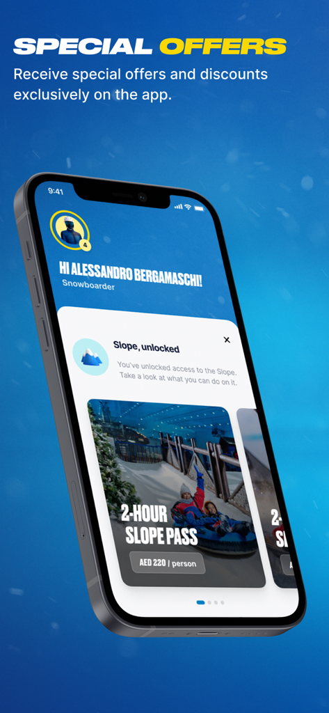 독점 특별 제공 및 2시간 슬로프 패스 예약 옵션을 표시하는 스키 두바이 모바일 앱 화면