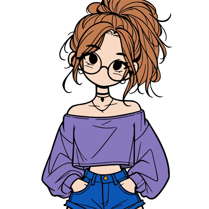 girl with a messy ponytail glasses a baggy crop top and jean shorts