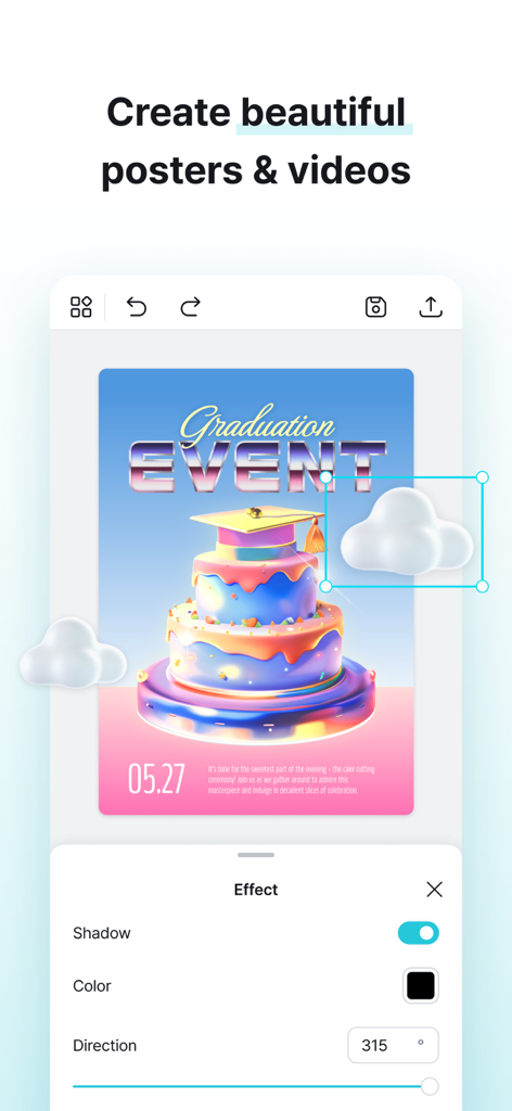 MiriCanvas: Poster, PPT design - MiriCanvas mobile app interface showing a graduation event poster being designed with editing tools and shadow effects