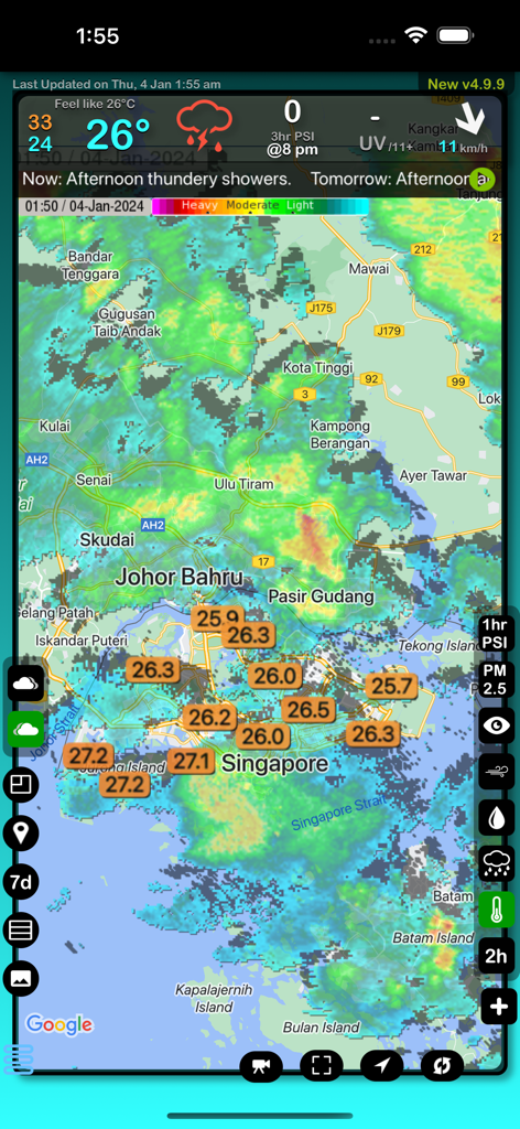 Carte radar de pluie en temps réel de Singapour avec des superpositions de température et des données météorologiques dans l'application SG Weather.