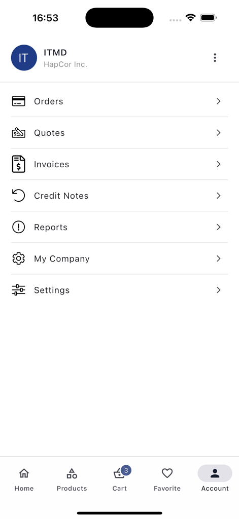 HapCor - HapCor app account management screen showing options for orders quotes invoices and company settings
