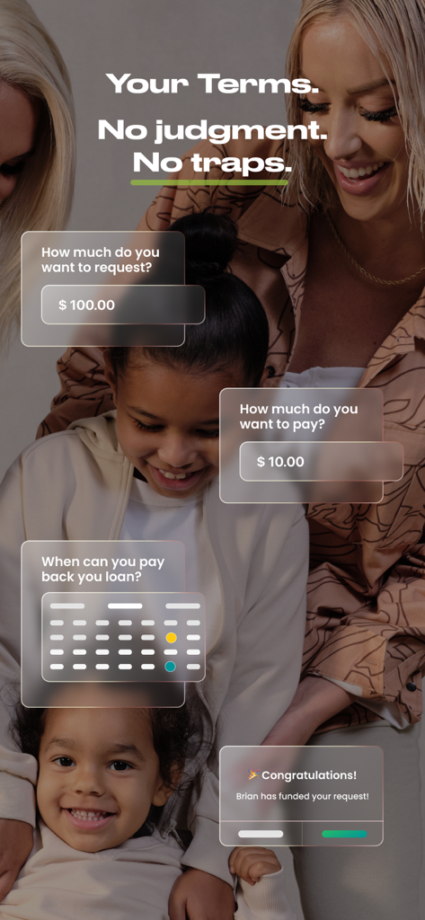 Interface of SoLo Funds app showing options to request a loan amount and set flexible repayment terms