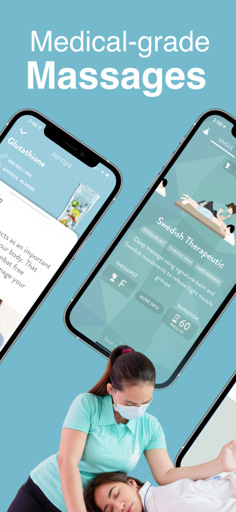 zennya health - Pantallas de la aplicación móvil zennya health para masajes de grado médico y servicios de bienestar con un terapeuta profesional