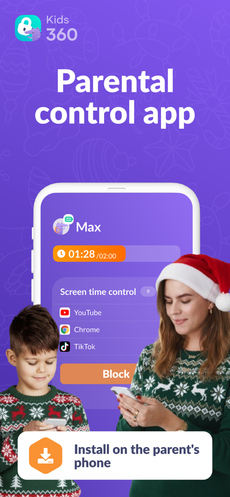Parental Control App Kids360 - Mother and son using the Kids360 parental control app to manage screen time during the holidays