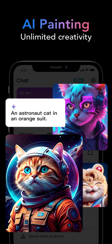 G.AI - AI ChatBot Assistant - Fonction de peinture IA dans l'application G.AI montrant un chat astronaute généré à partir d'une invite textuelle.