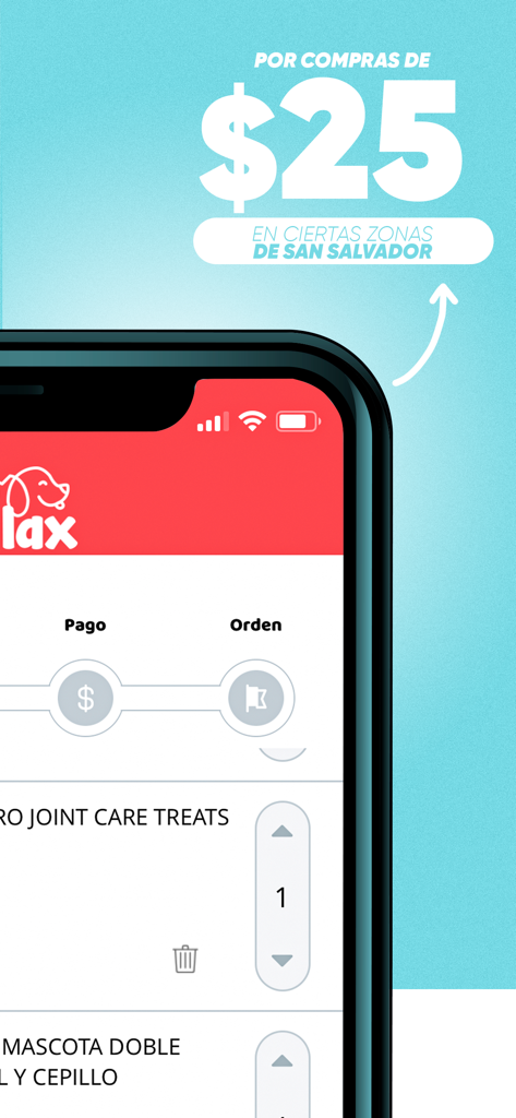 Chilax ES - Shopping cart in the Chilax ES app showing pet treats and order steps