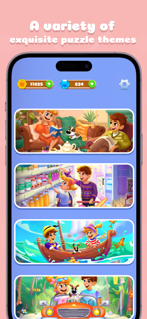 Nonogram - Jigsaw Number Game - A mobile screen showing a selection of exquisite puzzle themes featuring characters in various scenes like a cozy living room, a supermarket, and a boat