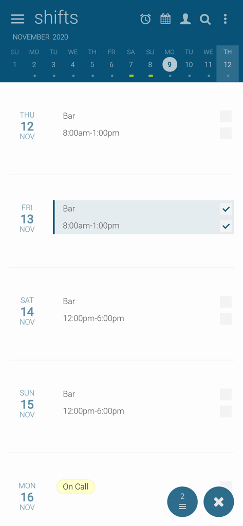 Findmyshift - Mobile app screen showing a list of employee work shifts for the week