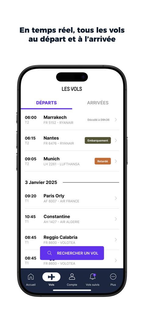 Aéroport MP - Interfaccia dell'app mobile che mostra le partenze dei voli in tempo reale e lo stato all'Aeroporto di Marsiglia Provenza