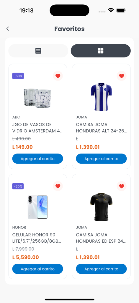 DIUNSA HN - DIUNSA app favorites screen showing various products with prices and discounts