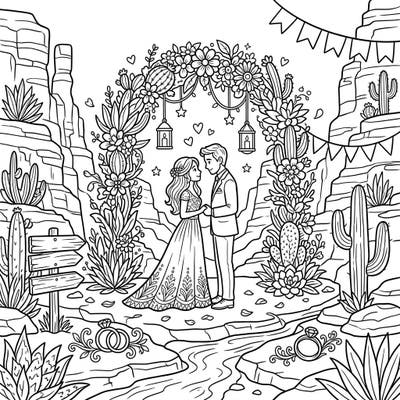 Capture the magic of a unique desert union with this stunning canyon wedding coloring page. Immerse yourself in intricate details of flora, vows, and romance, perfect for a relaxing and creative escape.