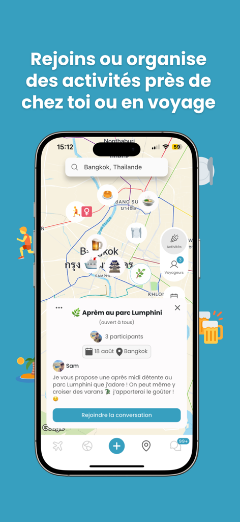 Go Frenchies - Interaktive Karte der Go Frenchies App, die lokale Reiseaktivitäten und Gruppentreffen zeigt