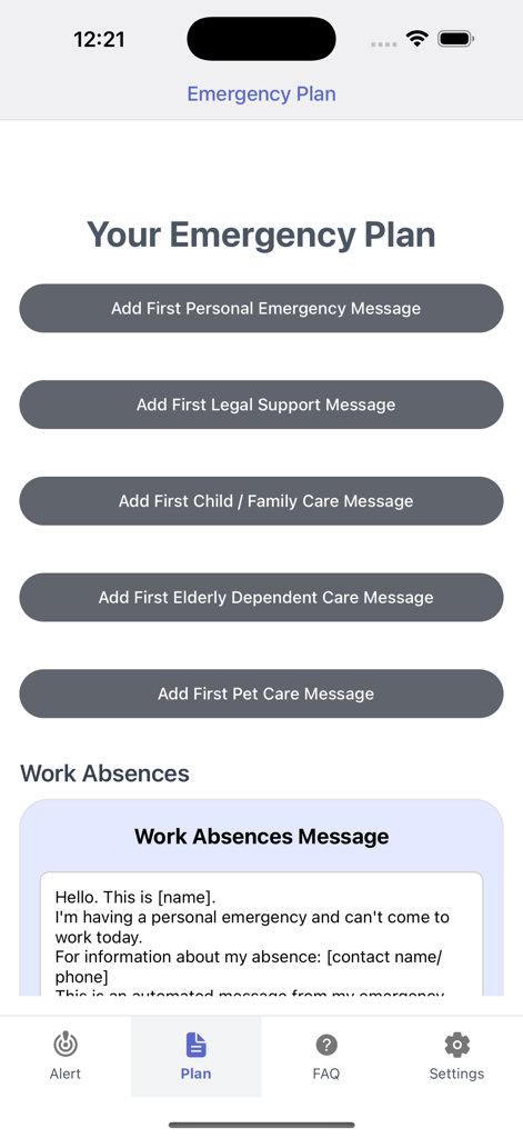 Schermata del Piano di Emergenza nell'app ReadyNow che mostra opzioni per aggiungere messaggi personali, legali, familiari e di assenza dal lavoro.
