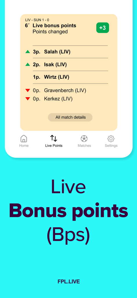 FPL.Live – Live Points & Rank - Mobile app interface of FPL Live showing real-time bonus points BPS tracking for fantasy premier league players